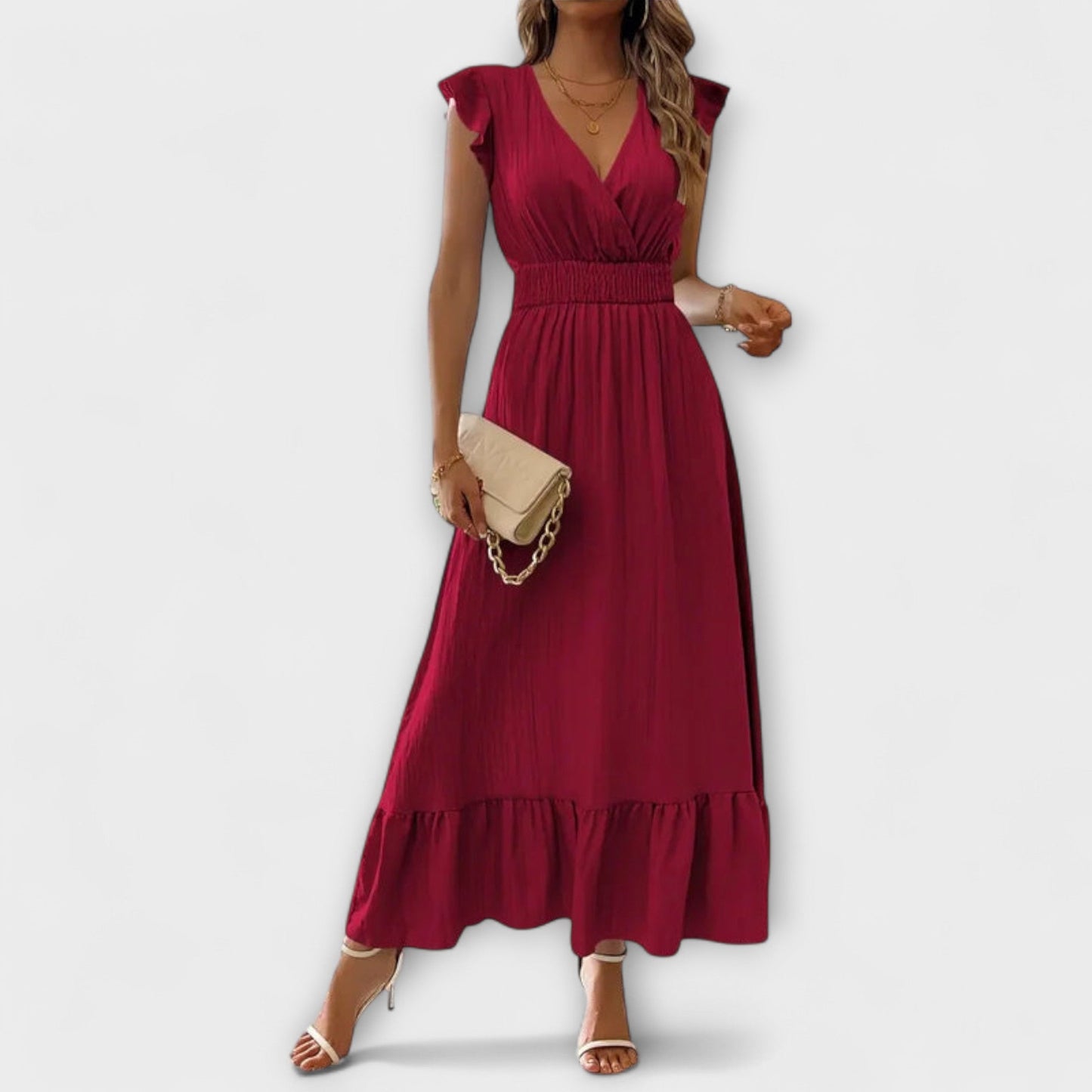 Emma - Maxi dress with ruffled sleeves and deep V-neckline