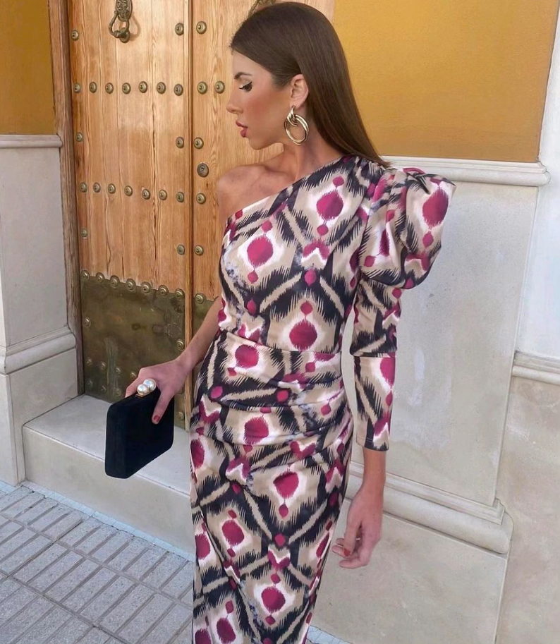 Yllana - Purple Puff One Shoulder Midi Dress