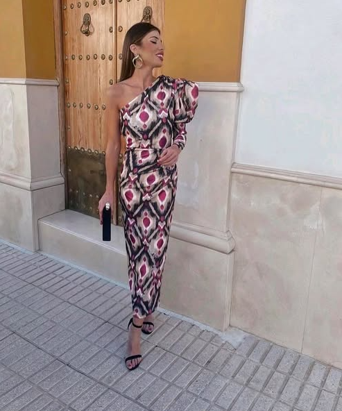 Yllana - Purple Puff One Shoulder Midi Dress