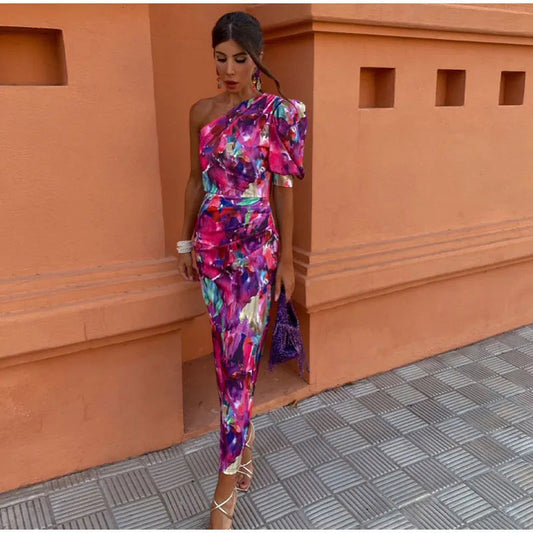 Yllana - Purple Puff One Shoulder Midi Dress