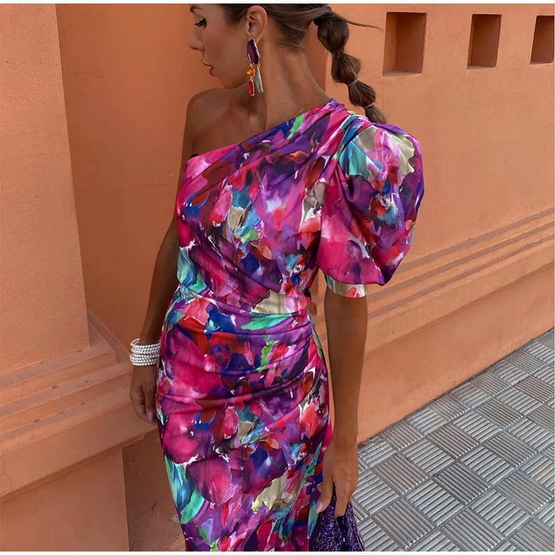 Yllana - Purple Puff One Shoulder Midi Dress