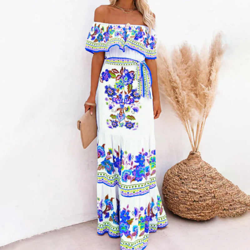 Oceana - Printed Lace-Up Waist Long Dress