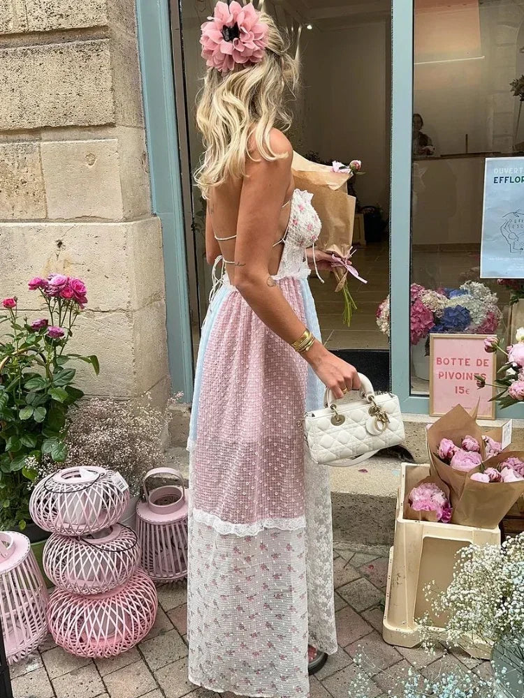 Cyrille - Elegant Strappy Patchwork Maxi Dress