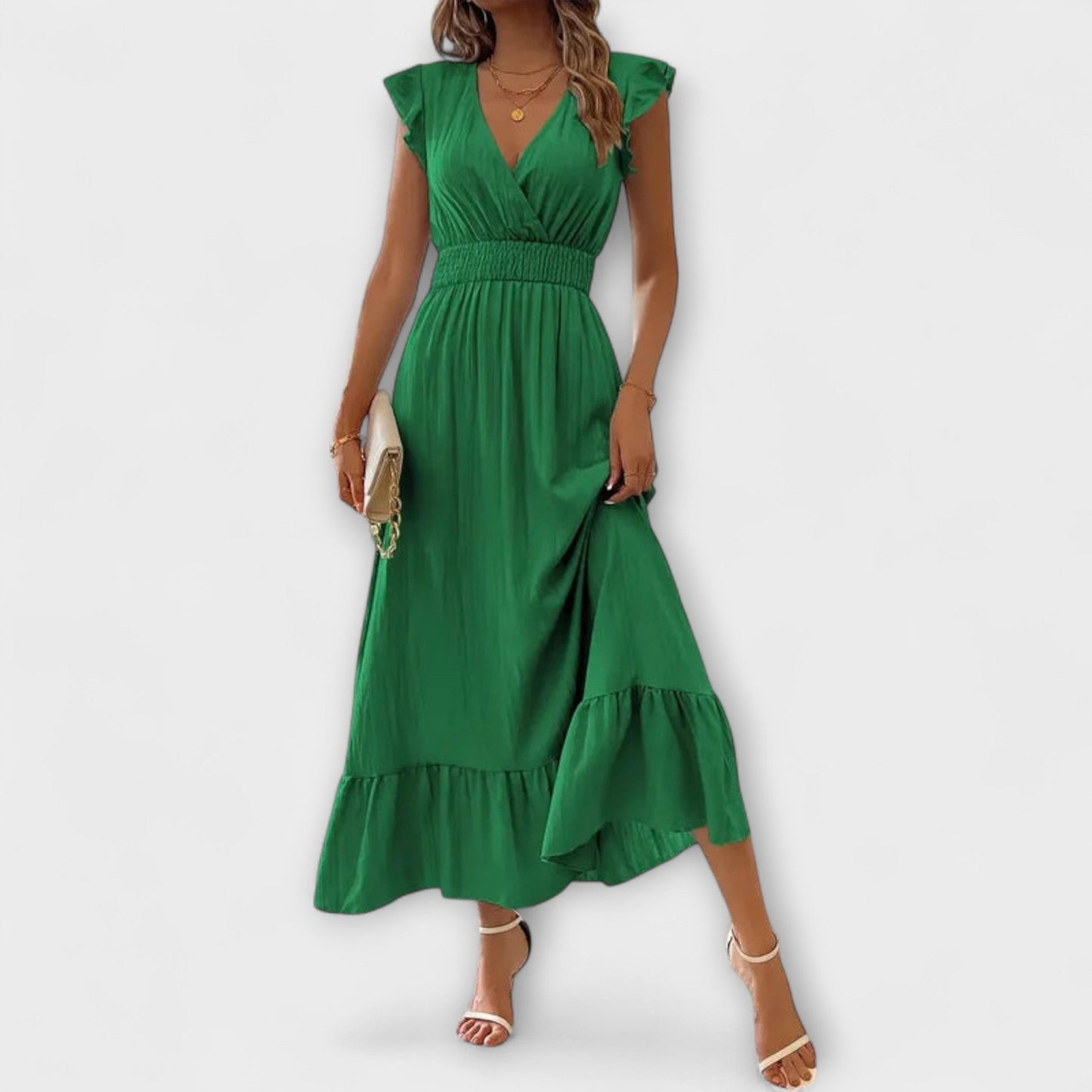 Emma - Maxi dress with ruffled sleeves and deep V-neckline