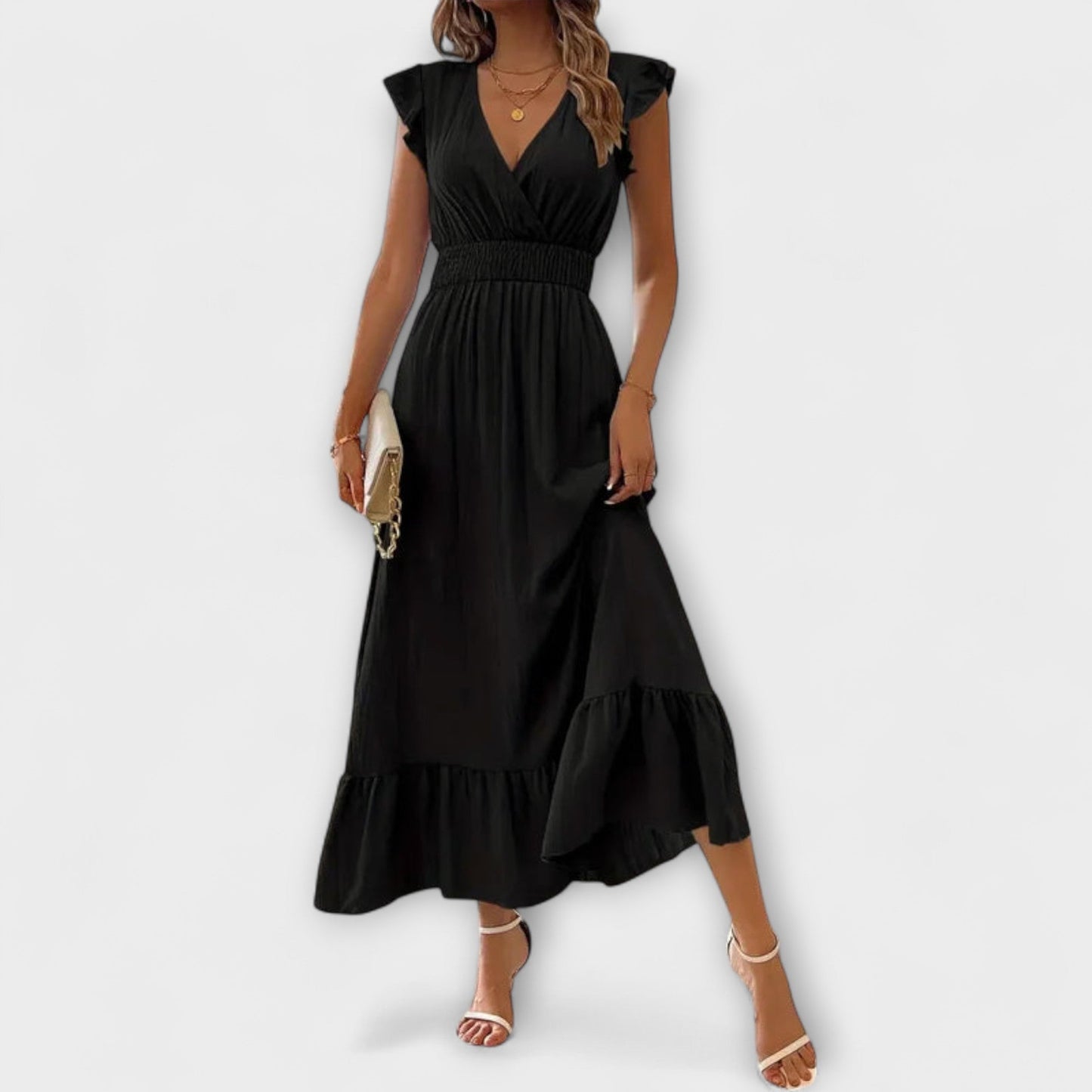 Emma - Maxi dress with ruffled sleeves and deep V-neckline