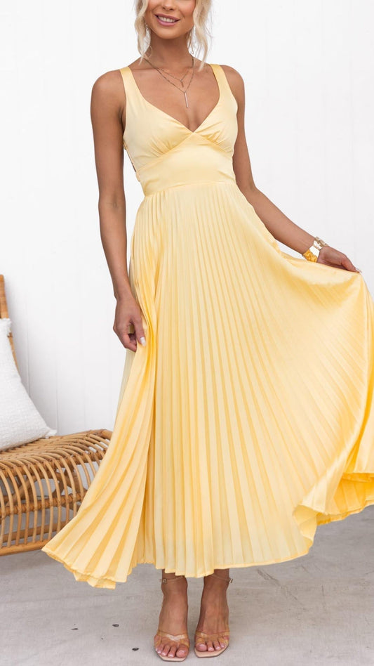 MADELINE | YELLOW PLEATED V-NECK MAXI DRESS