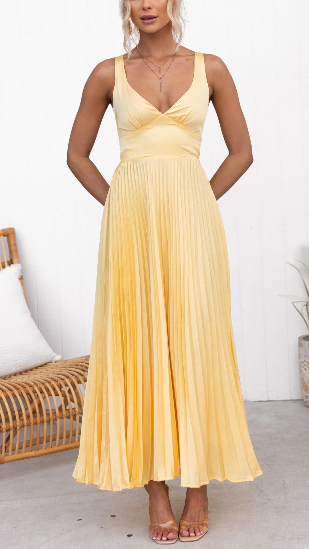 MADELINE | YELLOW PLEATED V-NECK MAXI DRESS