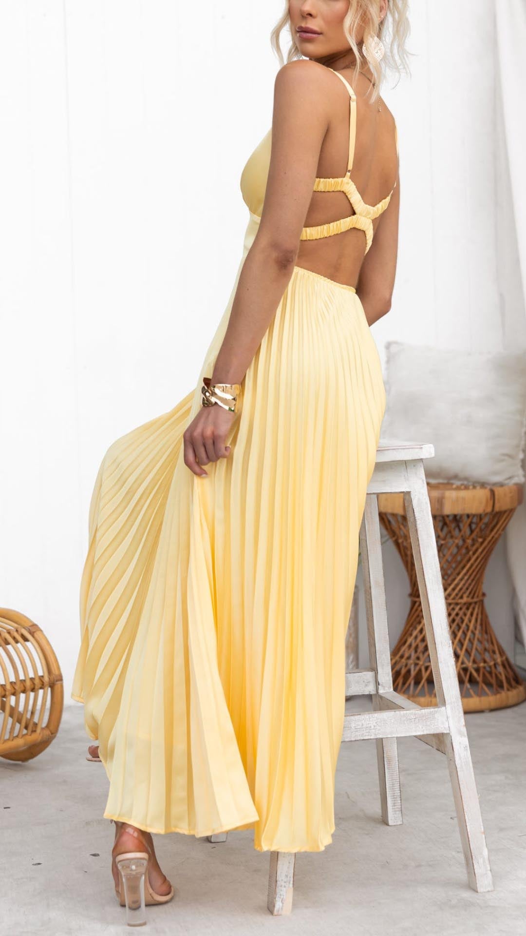 MADELINE | YELLOW PLEATED V-NECK MAXI DRESS