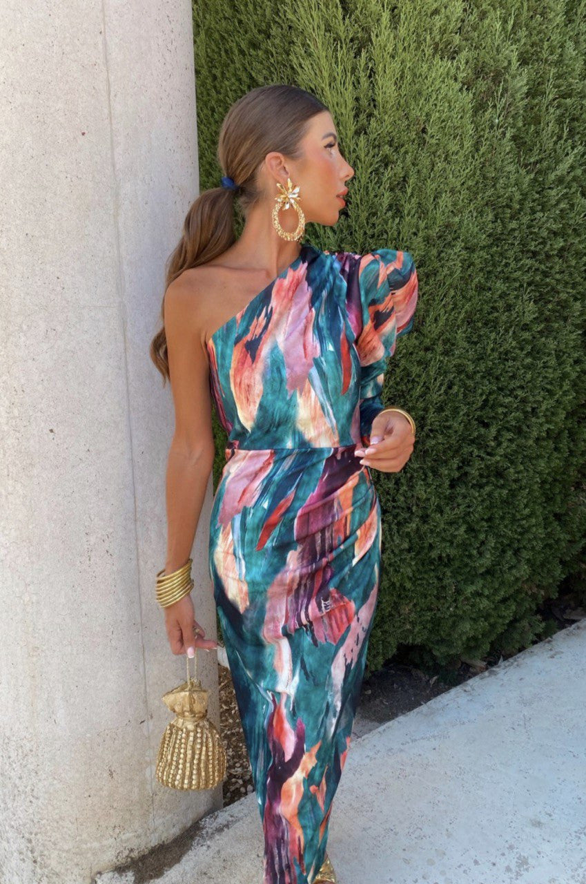 Yllana - Purple Puff One Shoulder Midi Dress