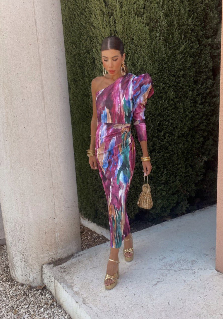 Yllana - Purple Puff One Shoulder Midi Dress