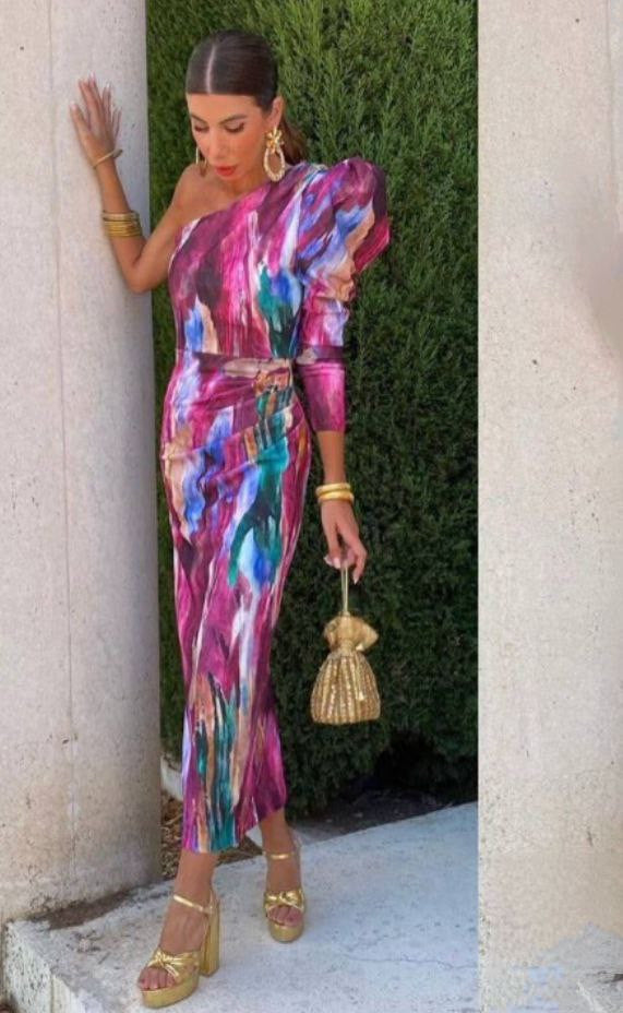 Yllana - Purple Puff One Shoulder Midi Dress