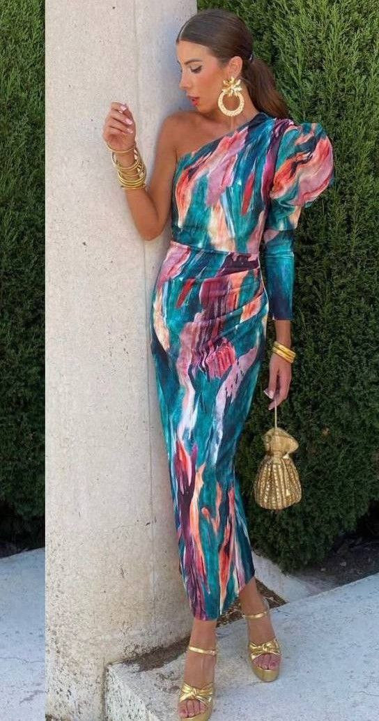 Yllana - Purple Puff One Shoulder Midi Dress