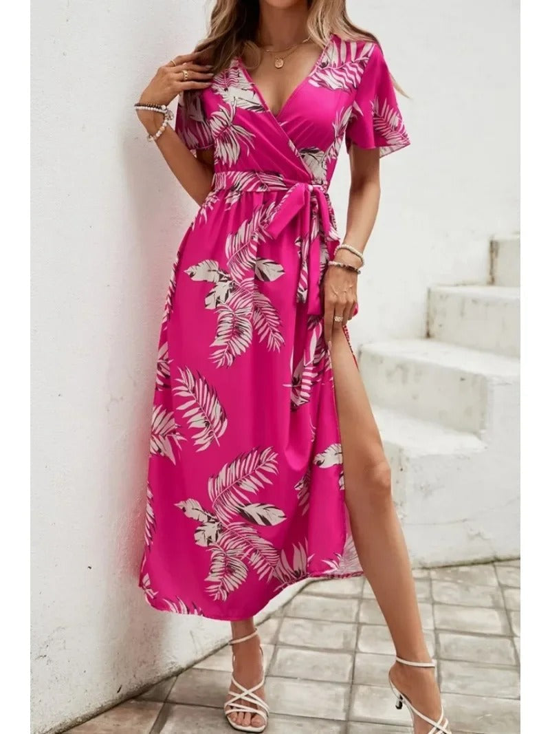 Lucille - Printed V-Neck Split Beach Vacation Dress