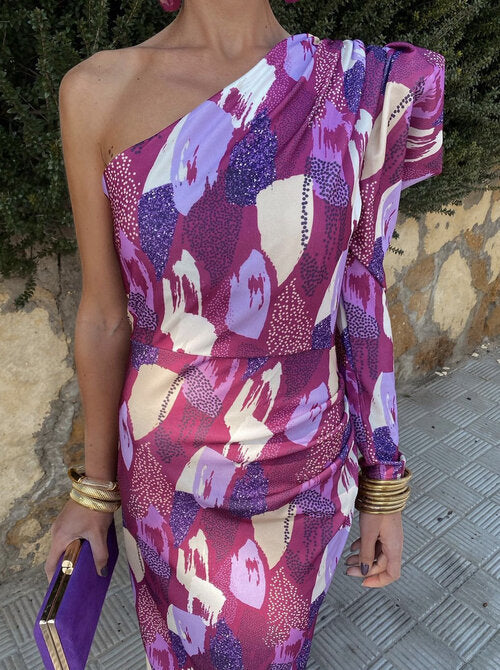 Yllana - Purple Puff One Shoulder Midi Dress