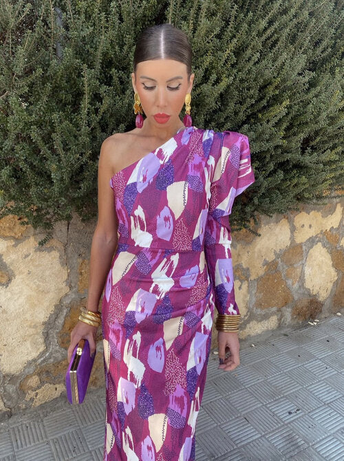 Yllana - Purple Puff One Shoulder Midi Dress