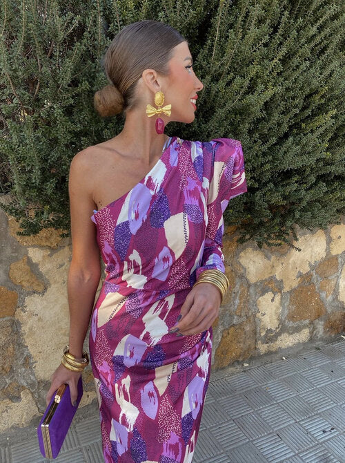 Yllana - Purple Puff One Shoulder Midi Dress
